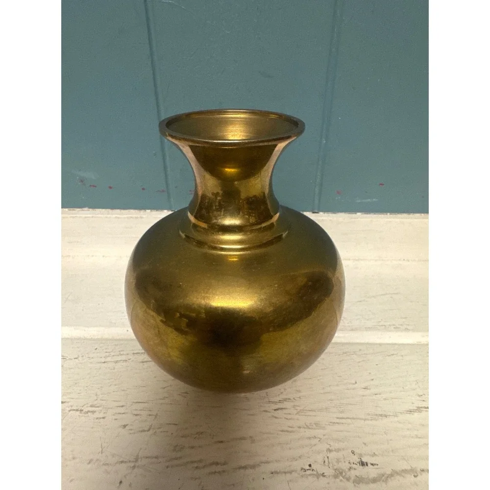 Vintage Solid Brass‎ Bud Vase Bulbous Flared Rim Gold Tone Decorative Vessel